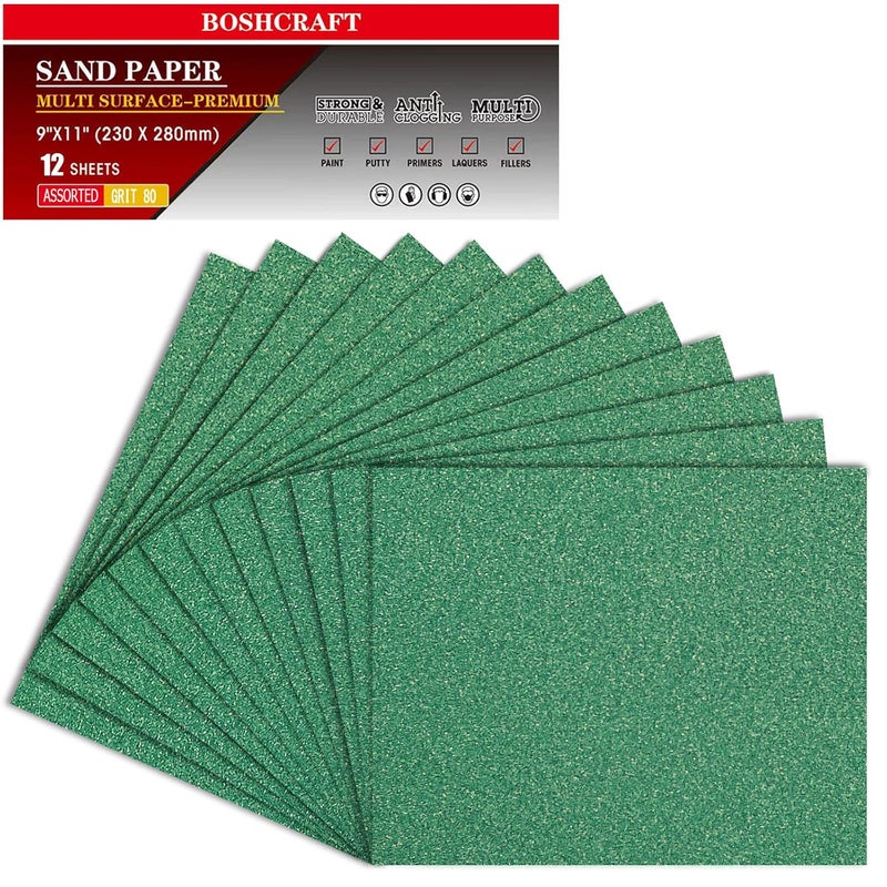 BOSHCRAFT 80 Grit Sandpaper, Sandpaper Assortment Sandpaper for Wood Metal Furniture Hand Sander Sand Paper Set Sandpaper Sheets Cut for Use 9" x 11"/12 Sheets - Image 1